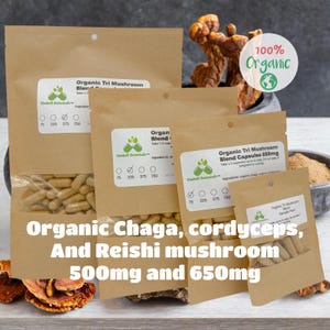 Organic tri mushroom blend, chaga, cordyceps, and red reishi mushroom capsules 500mg and 650mg vegetarian