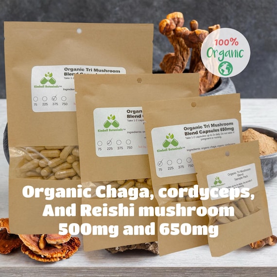 USDA Certified Organic Tri Mushroom Blend, Cordyceps Chaga and Reishi Mushrooms 500mg and 650mg vegetarian capsules made fresh to order