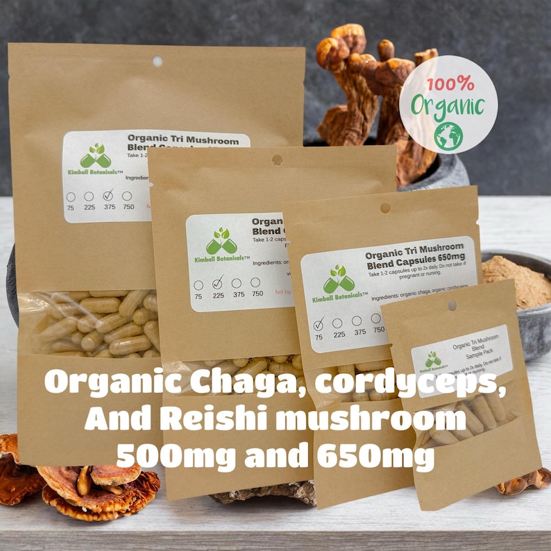 Organic tri mushroom blend, chaga, cordyceps, and red reishi mushroom capsules 500mg and 650mg vegetarian