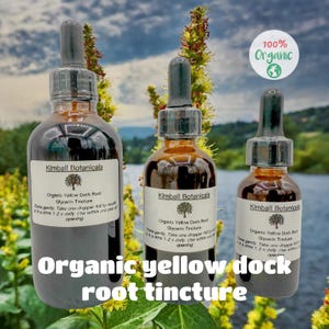 May include: Three amber glass bottles of organic yellow dock root tincture with black droppers. Each bottle has a white label with the text "Kimball Botanicals" and "100% Organic". The text "Organic yellow dock root tincture" is at the bottom.