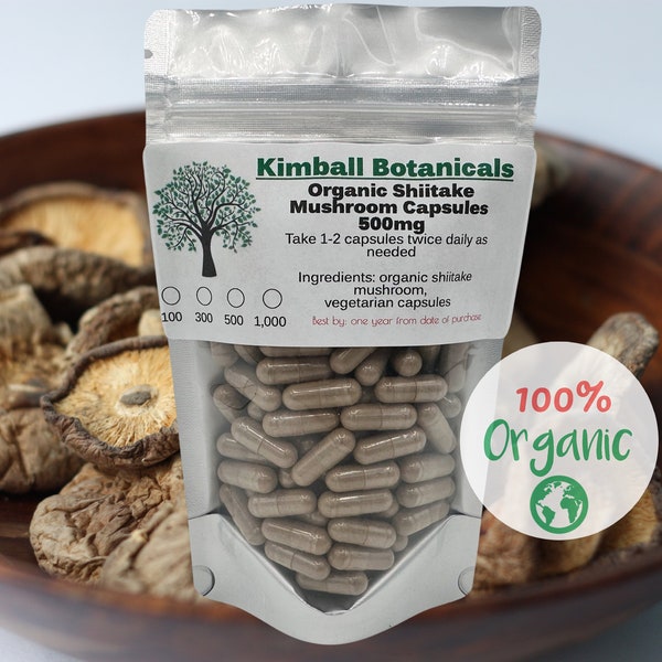 Organic shiitake mushroom, 500mg vegetarian capsules made fresh to order.