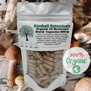 Organic 14 mushroom blend, 500mg vegetarian capsules made fresh to order without any fillers.