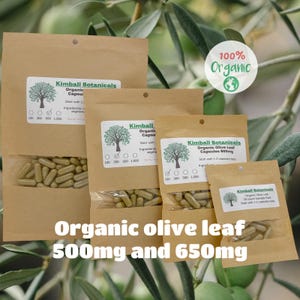 Organic Olive Leaf Complex (Olea europaea) 500mg and 650mg vegetarian or pullulan capsules, zero  fillers or binders