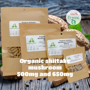 USDA Certified Organic Shiitake Mushroom (Lentinula edodes) 500mg and 650mg vegetarian capsules made fresh to order.