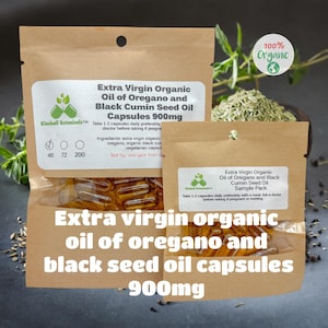 May include: Two brown paper pouches of Extra Virgin Organic Oil of Oregano and Black Cumin Seed Oil Capsules. The larger pouch contains 900mg capsules. The smaller pouch is a sample pack. The text "100% Organic" is in the upper right corner.