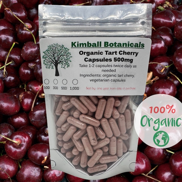 Organic tart cherry capsules 500mg vegetarian capsules.