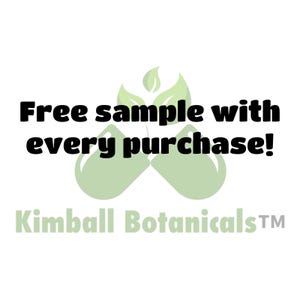 May include: A green leaf design with the text "Free sample with every purchase!" and the text "Kimball BotanicalsTM" below.