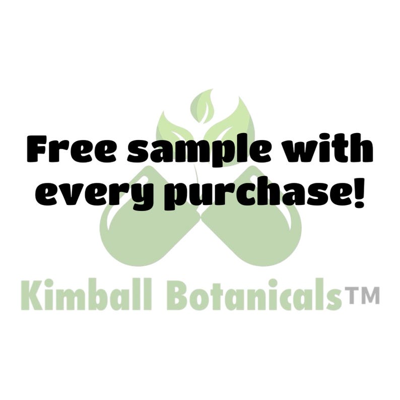 May include: A green leaf design with the text "Free sample with every purchase!" and the text "Kimball BotanicalsTM" below.