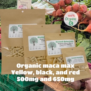 USDA Organic Maca Max Blend red, yellow, and black maca 500mg and 650mg vegetarian or pullulan capsules, or tincture