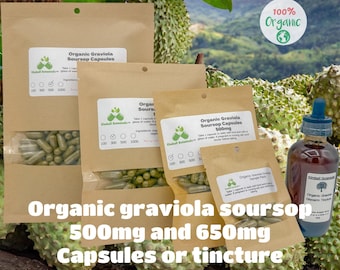 Organic Graviola Soursop Leaf (Annona muricata) 500mg or 650mg vegetarian pullulan capsules or tincture, made fresh to order