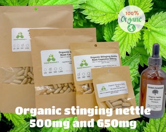 USDA Organic Stinging Nettle Root (Urtica dioica) 500mg or 650mg vegetarian capsules, or nettle leaf tincture, made fresh to order