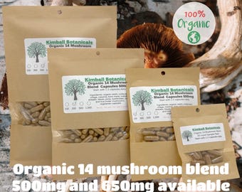 USDA Organic 14 Mushroom Blend, 500mg or 650mg, vegetarian or pullulan capsules made fresh to order