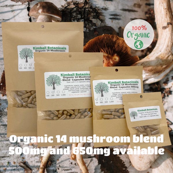 Mezcla de 14 hongos orgánicos USDA, 500 mg o 650 mg, cápsulas vegetarianas o de pululano preparadas frescas a pedido