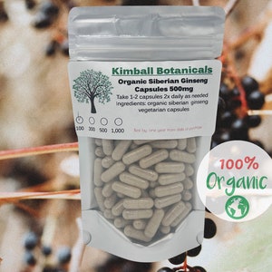 Organic Siberian Ginseng (Eleutherococcus senticosus) 500mg vegetarian capsules made fresh to order