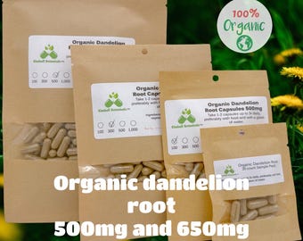 Organic Dandelion Root (Taraxacum officinale) 500mg and 650mg vegetarian capsules, no fillers or binders