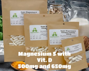 Super Magnesium 5 with Vitamin D3, 500mg or 650mg vegetarian or pullulan capsules made fresh to order