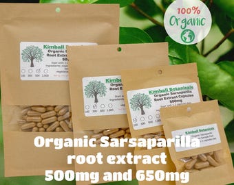 Certified Organic Sarsaparilla Root Complex extract (Smilax ornata) 500mg or 650mg vegetarian capsules, made fresh to order