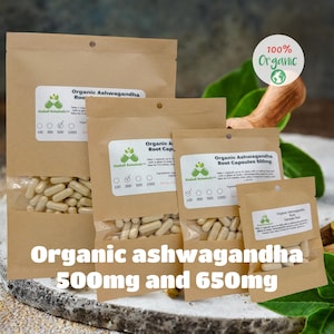 Certified Organic Ashwagandha (Withania somnifera) 500mg and 650mg vegetarian capsules or glycerin tincture, made fresh to order