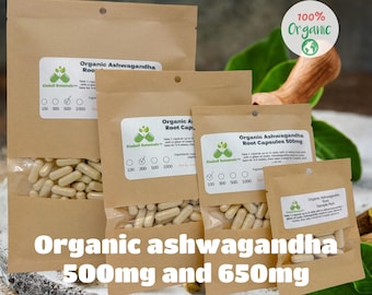 Certified Organic Ashwagandha (Withania somnifera) 500mg and 650mg vegetarian capsules or glycerin tincture, made fresh to order
