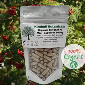 Organic Tongkat Ali Max, blend of yellow black red, 500mg and 650mg vegetarian or pullulan capsules, zero fillers, made fresh to order.