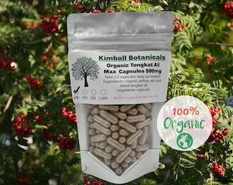 Organic Tongkat Ali Max, blend of yellow black red, 500mg and 650mg vegetarian or pullulan capsules, zero fillers, made fresh to order.