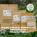 Organic Irish Moss Bladderwrack and Burdock 500mg and 650mg vegetarian or pullulan capsules or tincture, made fresh to order.