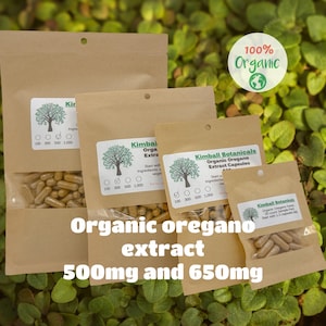 Certified Organic Oregano Extract (origanum vulgare) 500mg and 650mg vegetarian or pullulan capsules made fresh to order
