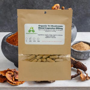 USDA Certified Organic Tri Mushroom Blend, Cordyceps Chaga and Reishi Mushrooms 500mg and 650mg vegetarian capsules made fresh to order 225 count 650mg