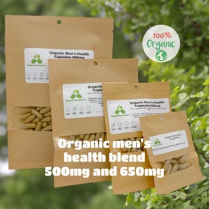 Organic Men&#39;s Health blend 500mg or 650mg vegetarian or pullulan capsules made fresh to order, no fillers