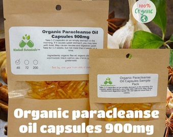 May include: Two brown paper pouches of organic paracleanse oil capsules. The larger pouch has a label with product information and the text "Organic Paracleanse Oil Capsules 900mg". The smaller pouch is labeled "Organic Paracleanse Oil Capsules Sample Pack".