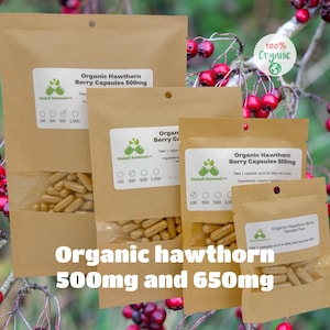 Organic Hawthorn Berry (Crataegus) 500mg and 650mg vegetarian or pullulan capsules or tincture, made fresh to order with zero fillers.