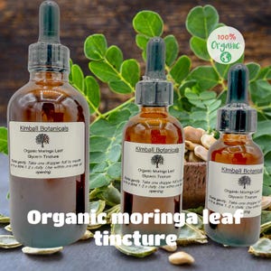 May include: Three amber glass bottles of organic moringa leaf glycerin tincture with black droppers. Each bottle has a white label with the Kimball Botanicals logo and product information. The text "Organic moringa leaf tincture" is at the bottom.