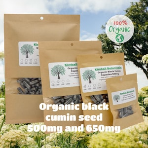 Organic Black Cumin Seed (Nigella sativa) 500mg and 650mg, vegetarian or pullulan capsules, made fresh to order