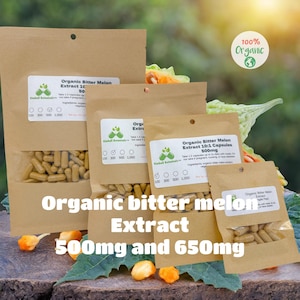 Organic Bitter Melon (Momordica charantia) 10:1 extract, 500mg and 650mg vegetarian or pullulan capsules, made with zero fillers