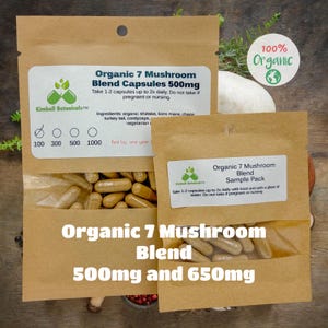 USDA Organic 7 Mushroom Blend, 500mg and 650mg vegetarian or pullulan capsules made fresh to order without any fillers.
