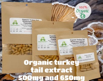 Organic Turkey Tail Extract (Trametes versicolor) Mushroom 500mg and 650mg vegetarian or pullulan capsules