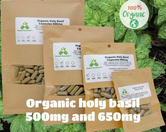 USDA Certified Organic Holy Basil (Ocimum tenuiflorum) 500mg and 650mg vegetarian or pullulan capsules, tincture, made fresh to order