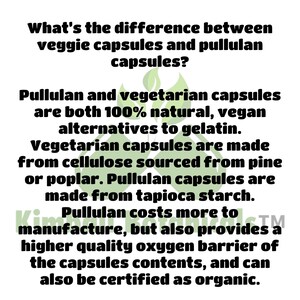 May include: Informative text on a white background explains the differences between veggie capsules and pullulan capsules. The text highlights that both are natural, vegan alternatives to gelatin. Vegetarian capsules are made from cellulose, while pullulan capsules are made from tapioca starch.