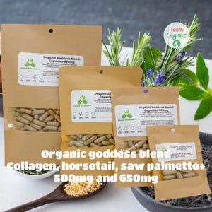 May include: Several kraft paper pouches of Organic Goddess Blend capsules, 500mg and 650mg, with the ingredients collagen, horsetail, and saw palmetto. The image includes a wooden spoon with grains and a sprig of herbs, with a "100% Organic" label.