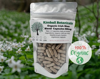 Organic Irish moss bladderwrack and burdock 500mg vegetarian capsules made fresh to order.