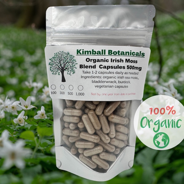 Organic Irish moss bladderwrack and burdock 500mg vegetarian capsules made fresh to order.