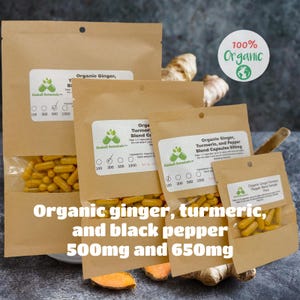 USDA Certified Organic Ginger, Turmeric Curcumin, 95% Black Pepper blend, 500mg and 650mg vegetarian capsules