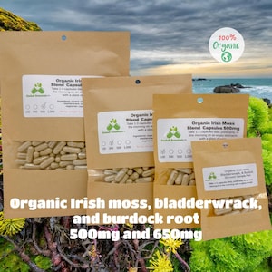 USDA Certified Organic Irish Moss Bladderwrack and Burdock 500mg and 650mg vegetarian or pullulan capsules or tincture, made fresh to order