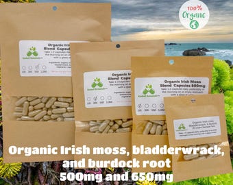 USDA Certified Organic Irish Moss Bladderwrack and Burdock 500mg and 650mg vegetarian or pullulan capsules or tincture, made fresh to order
