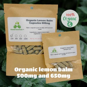 USDA Certified Organic Lemon Balm (Melissa officinalis) 500mg or 650mg vegetarian and pullulan capsules or tincture, made fresh to order