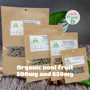 USDA Organic Noni Fruit (morinda citrifolia) 500mg and 650mg vegetarian or pullulan capsules, made fresh to order.