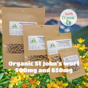 Certified Organic St. John’s Wort (Hypericum perforatum) 500mg and 650mg vegetarian or pullulan capsules or tincture, made fresh to order