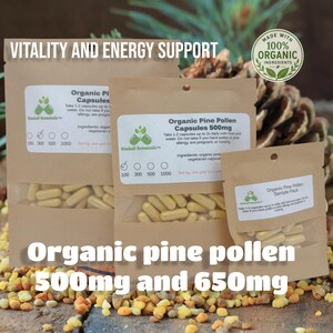 May include: Three kraft paper pouches of organic pine pollen capsules, 500mg and 650mg, with the text "Vitality and Energy Support." The packages have labels with usage instructions and the words "Made with 100% Organic Ingredients."
