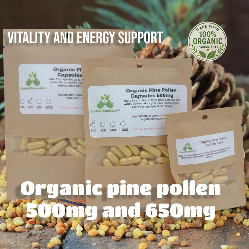 May include: Three kraft paper pouches of organic pine pollen capsules, 500mg and 650mg, with the text "Vitality and Energy Support." The packages have labels with usage instructions and the words "Made with 100% Organic Ingredients."