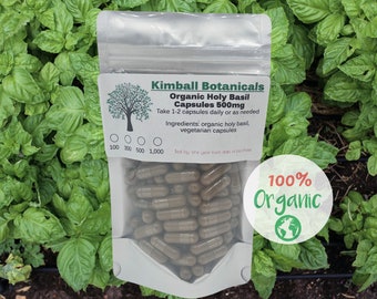 Organic holy basil 500mg vegetarian capsules, made fresh to order
